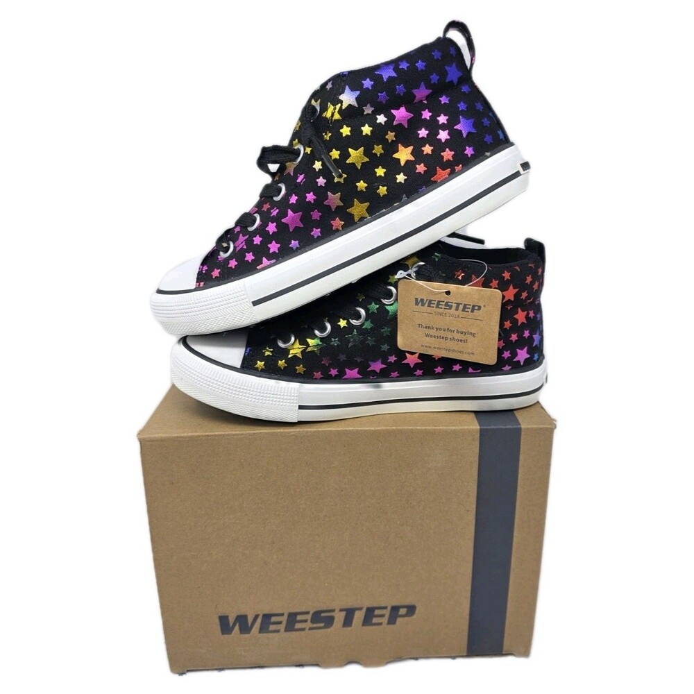 Weestep Kids Metallic Rainbow Star Print High Top Canvas Sneakers Size 1 Black - Picture 2 of 14